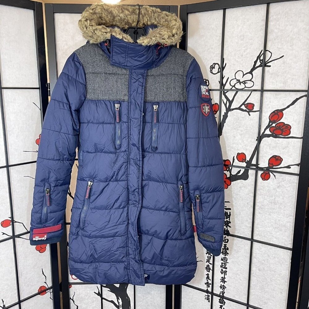 SUPERDRY Womens Ski Snow Technical Jacket Coat Size XS Hooded Multi Pockets